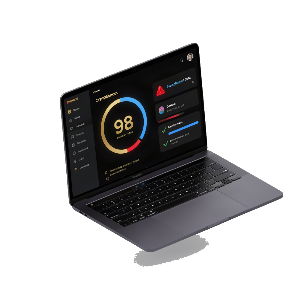 3D illustration of a laptop displaying an accessibility compliance dashboard with a gold compliance score, dark mode interface, and scan results